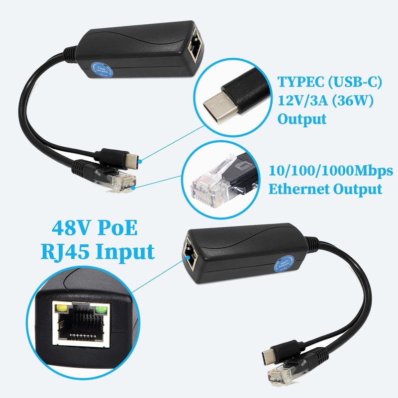 REVODATA Type-C PoE Splitter Gigabit 36W 12V/3A, PoE to USB-C 12V/3A Output, Gigabit Ethernet Comply IEEE802.3bt, Plug and Play(TYPEC5712BG) - Image 2